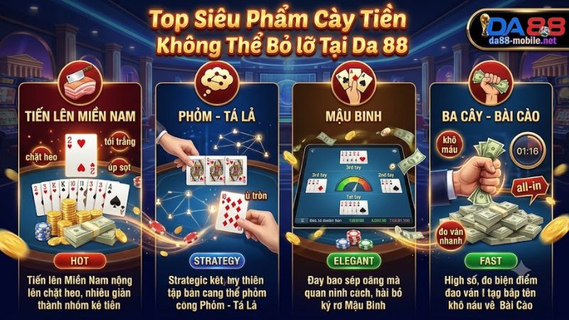 Các tựa game bài đổi thưởng ăn khách nhất tại nền tảng Da 88